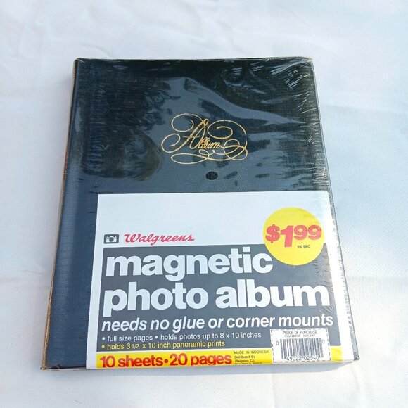 New VTG Photo Album Walgreens 80s 90s 20 Magnetic Pages Black Faux Leather - Picture 1 of 4